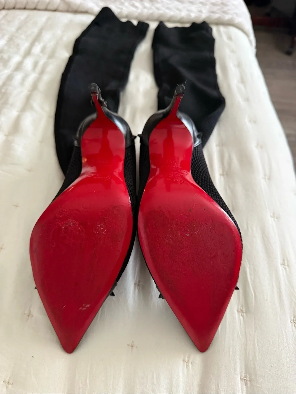 Christian Louboutin Black Stretch Spike Over-the-Knee Boots with Red Soles